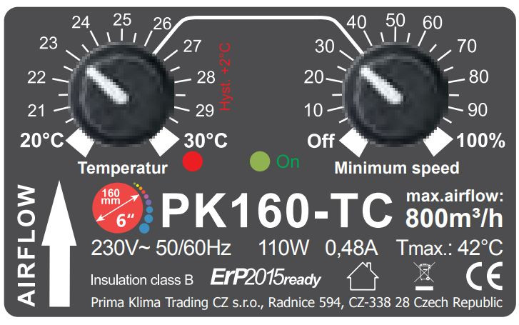 Prima Klima Temp-Control AC-Ventilator 160mm 800m³/h (PK160-TC)