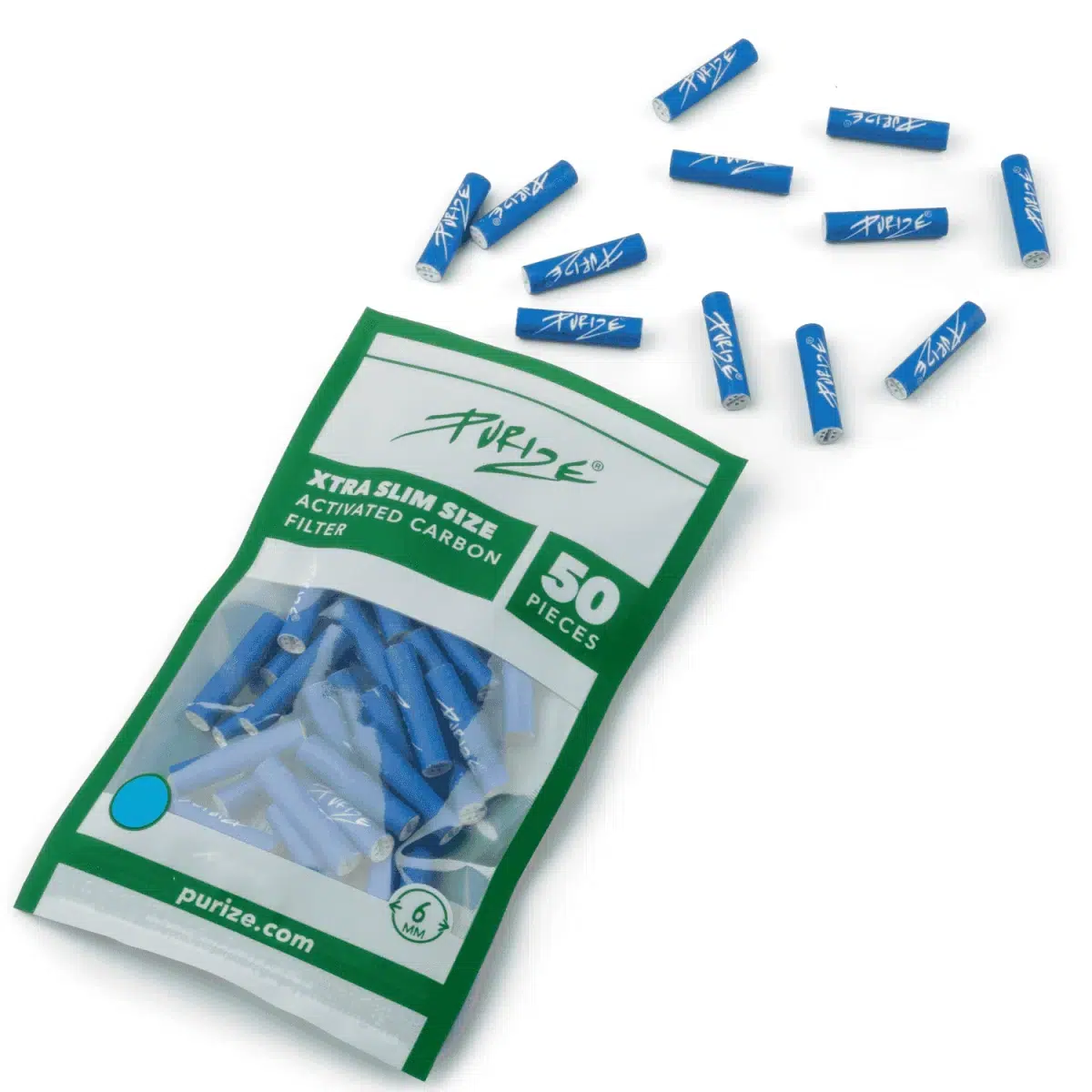 PURIZE Aktivkohlefilter XTRA Slim 6mm im Beutel Blau - 50 Stück
