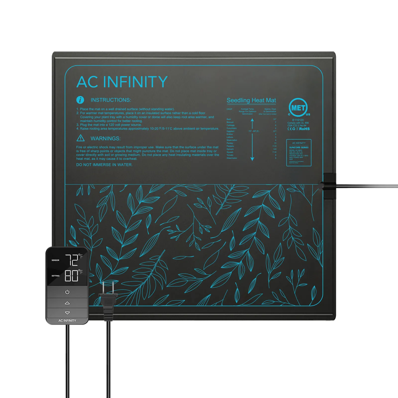 AC Infinity SUNCORE H-Serie Heizmatten mit smarter Temperatursteuerung H5 - 50,8 x 52,7cm 