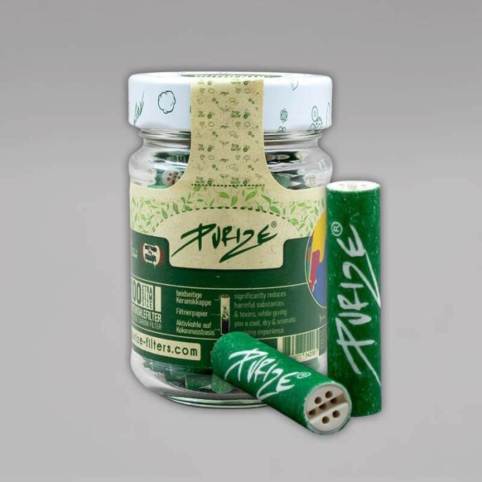 100 PURIZE XTRA Slim Size Aktivkohlefilter im Glas, 6 mm, grün