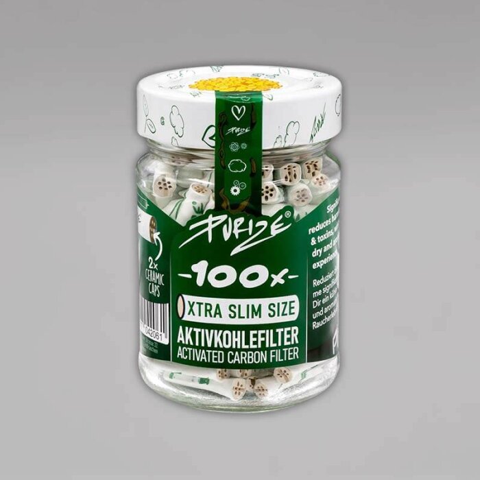 100 PURIZE XTRA Slim Size Aktivkohlefilter im Glas, 6 mm, weiß