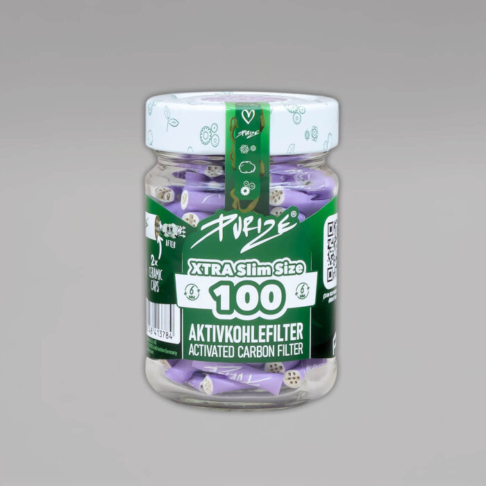 100 PURIZE XTRA Slim Size Aktivkohlefilter im Glas, 6 mm, lilac