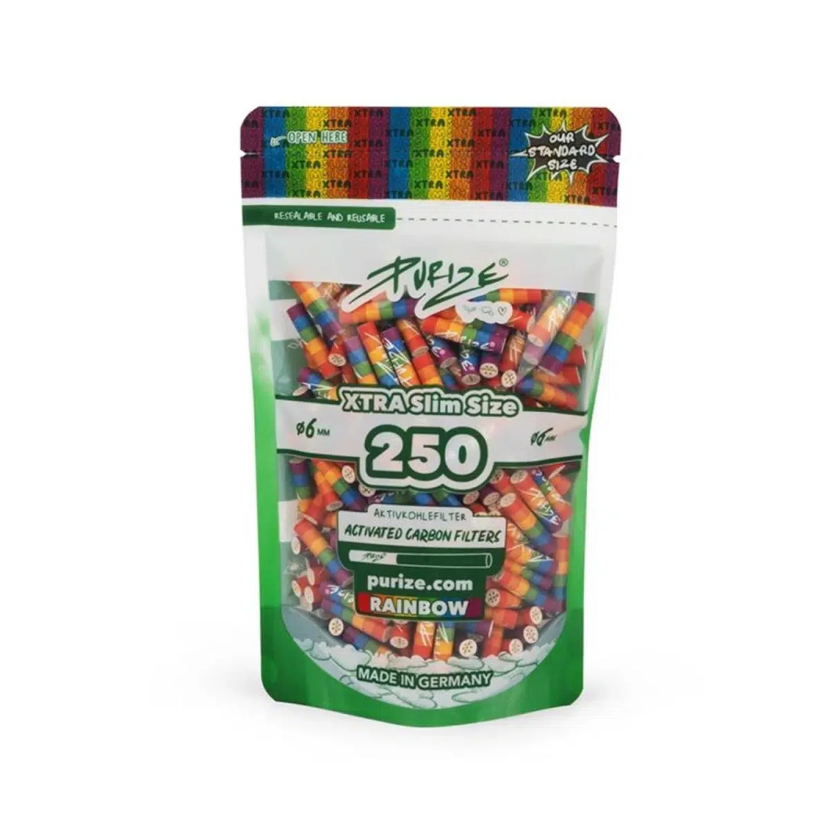 PURIZE Aktivkohlefilter XTRA Slim 6mm - Rainbow, 250 Stück