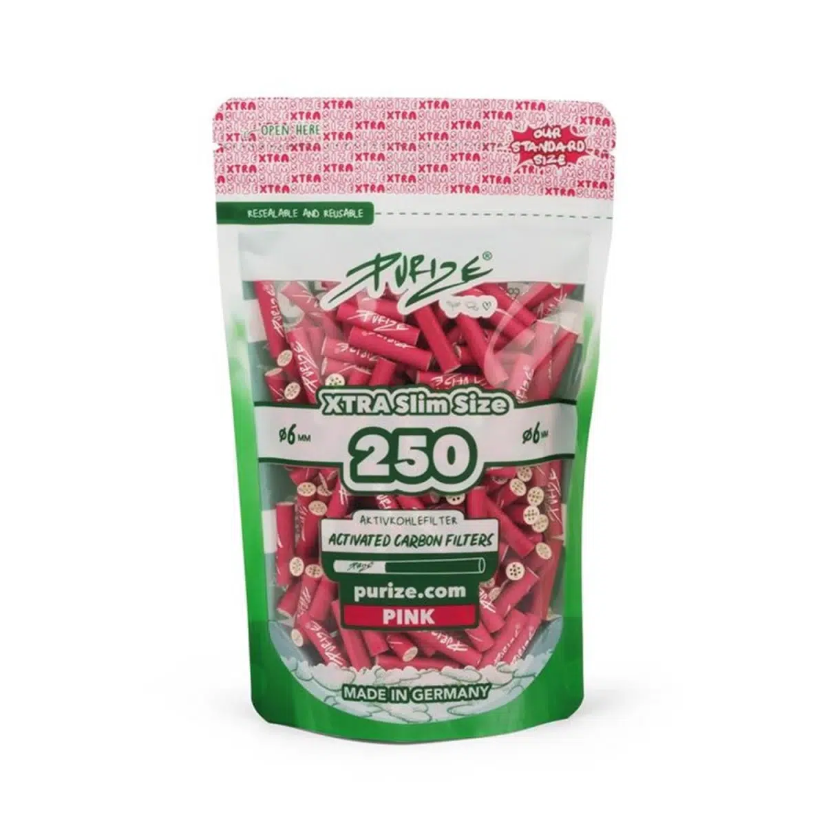 PURIZE Aktivkohlefilter XTRA Slim 6mm - Pink, 250 Stück