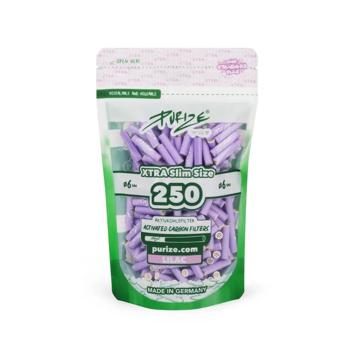 PURIZE Aktivkohlefilter XTRA Slim 6mm - Lila, 250 Stück