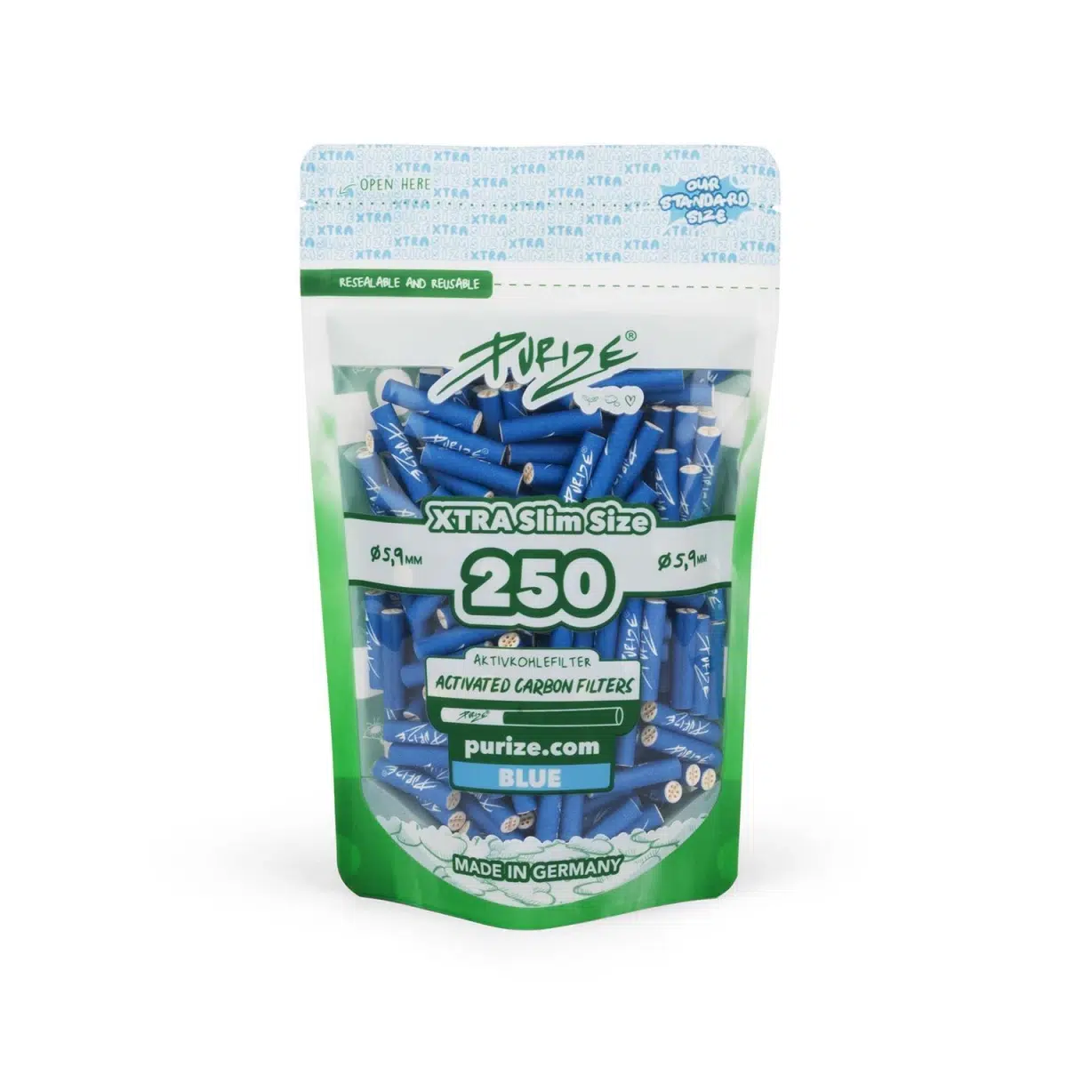 PURIZE Aktivkohlefilter XTRA Slim 6mm - Blau, 250 Stück