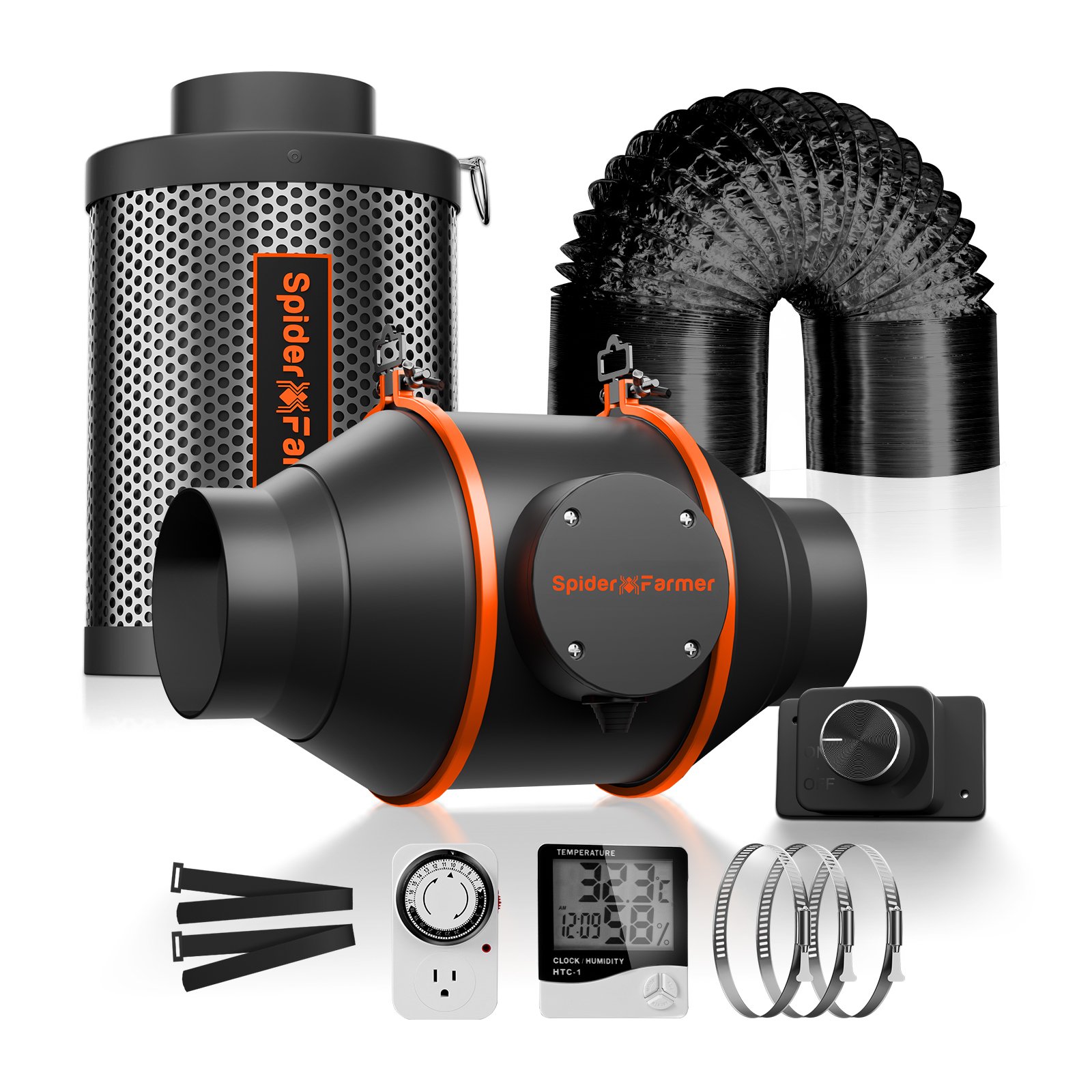 Spider Farmer 4-Zoll-Inline-Kanalventilator mit Drehzahlregler, Lüftungs- und Abluftventilator, 205 CFM, GGS-Regler steuerbar
