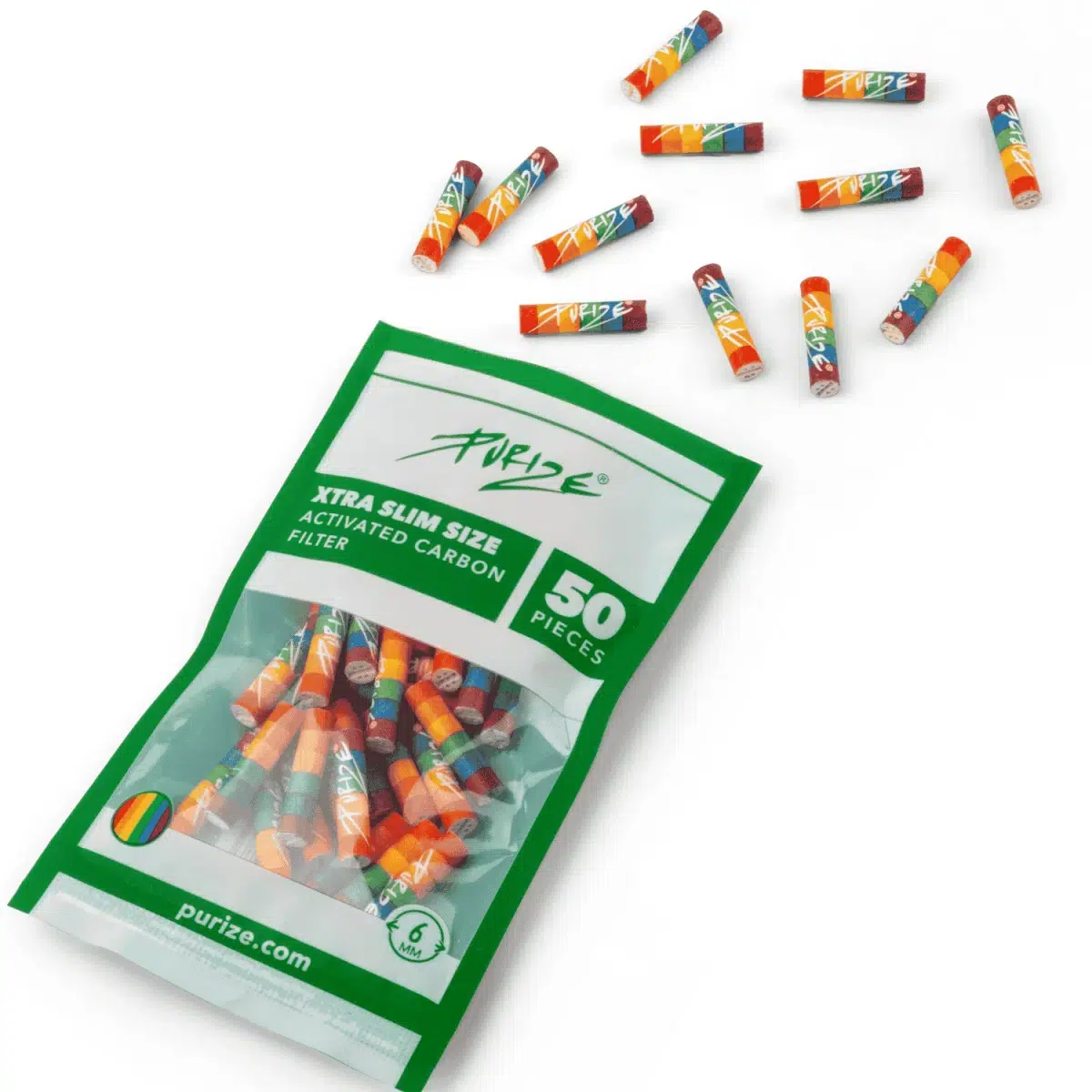 PURIZE Aktivkohlefilter XTRA Slim 6mm im Beutel Rainbow - 50 Stück