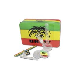 Breitseite Glasbong Bong im Set mit Zubehör, Rasta Geschenk-Dose klar