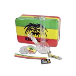 Breitseite Glasbong Bong im Set mit Zubehör, Rasta Geschenk-Dose klar