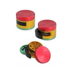 Black Leaf Kräuter-Mühle, Metall-Grinder, CNC-Grinder, ALU-Grinder | 3-teilig | 48 x 64 mm | Schaber, Pollum-Sieb | Diamantschliff-Zähne | Aluminium, rasta | mit Entnahme-Klappe / Tür | Dooor