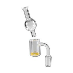 bong-discount Öl-Bong-Zubehör für OiL-Rig: Öl-Kopf, Banger zum Verdampfen von Öl, Steckkopf | 62 x 14 mm, NS 19 (18,8mm), Ansatz: 90° | BOROSILIKATGLAS, klar | Farbgranulat, Carb-Cap Rauchfänger